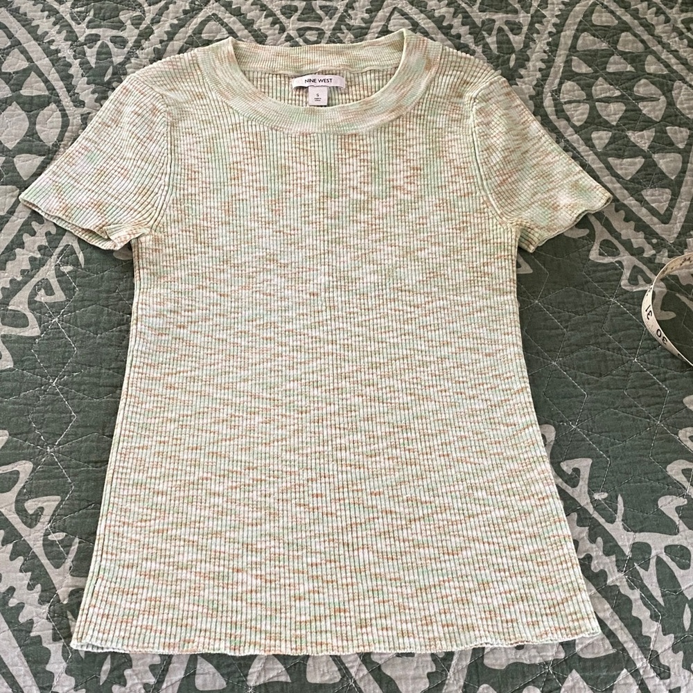 Nine West Light Green Ribbed Short Sleeve Tee